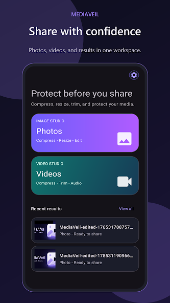 MediaVeil home screen with photo and video editing workspaces