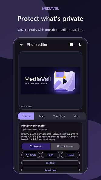 MediaVeil photo editor showing mosaic and solid privacy overlays